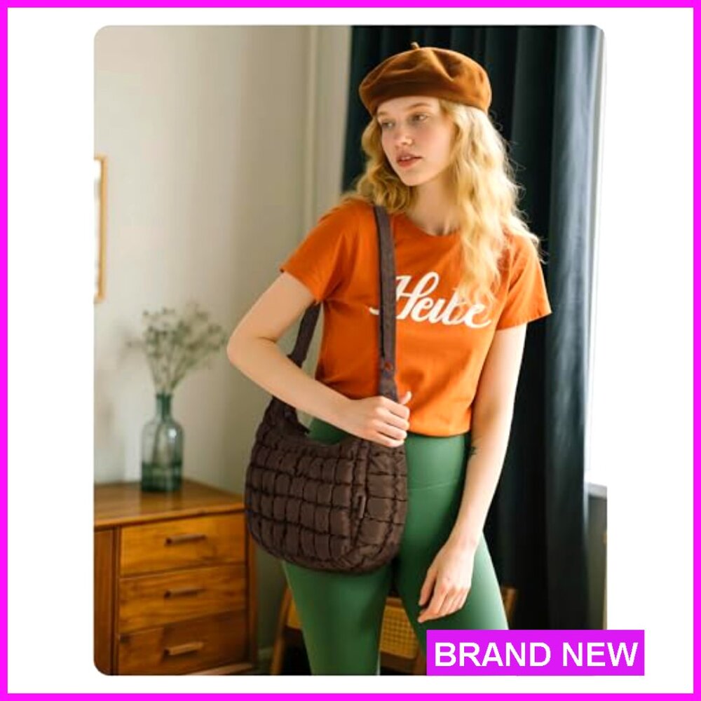 Quilted Puffy Crossbody Hobo Bag Adjustable Strap Compact Shoulder Handbag - Picture 3 of 7